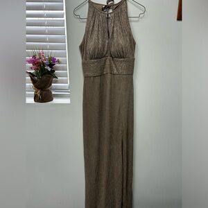 R&M Richards Gold Ruched Halter Gown